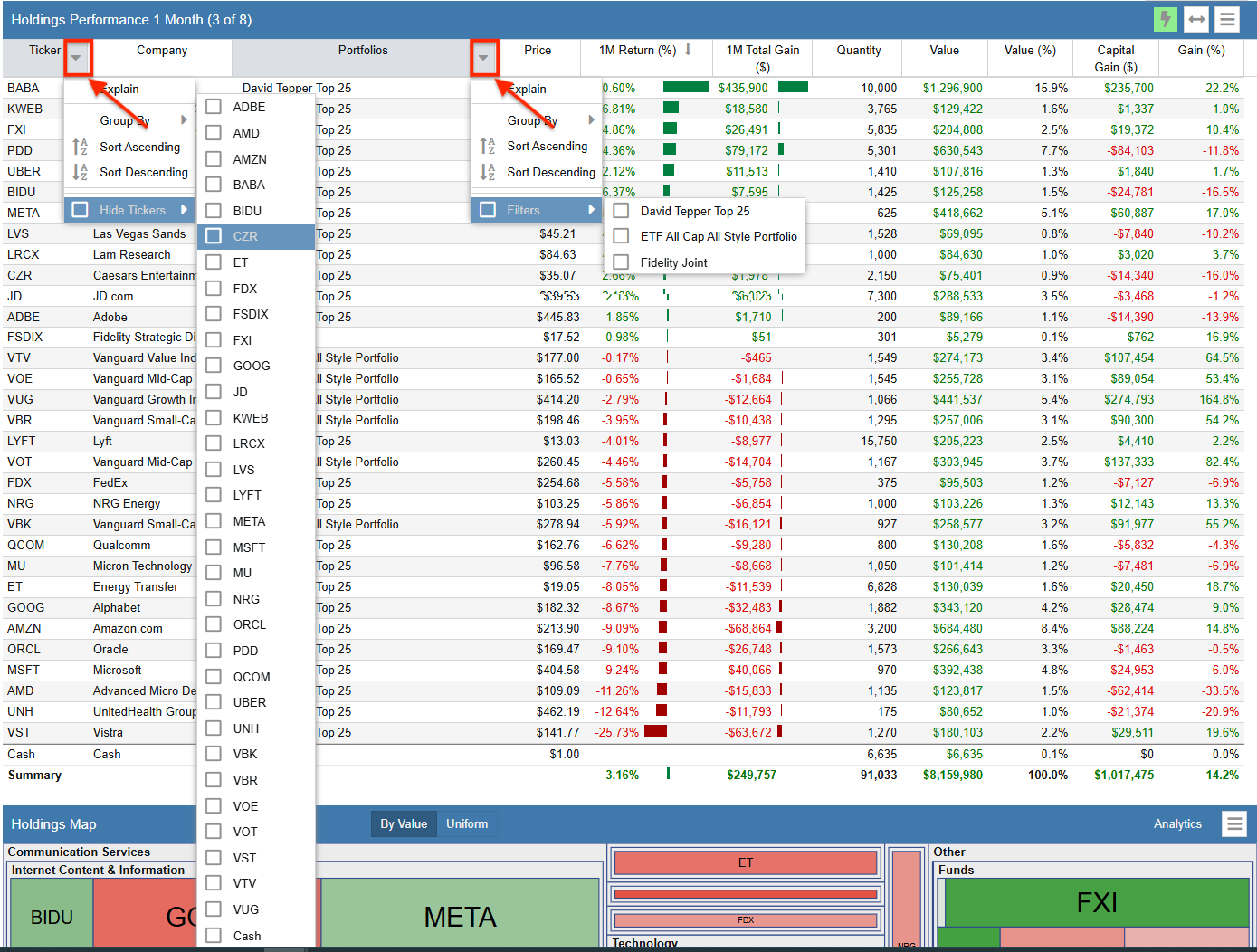 Click to enlarge dashboard filter holdings